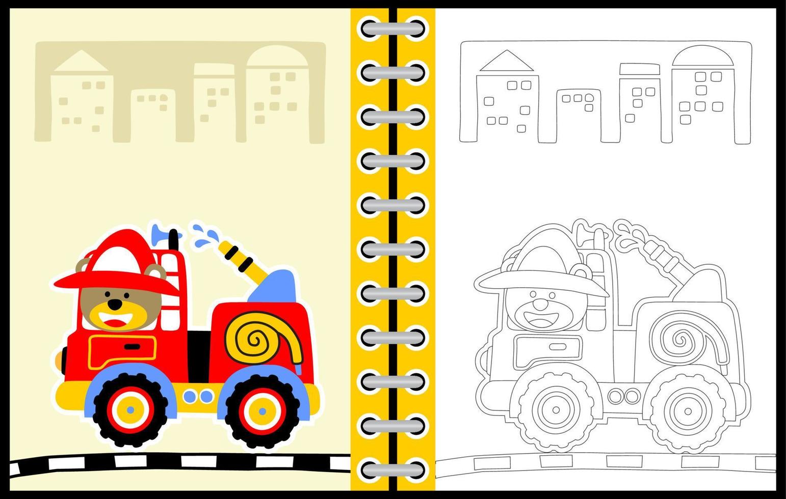 Cute bear on firetruck, vector cartoon, coloring page or book