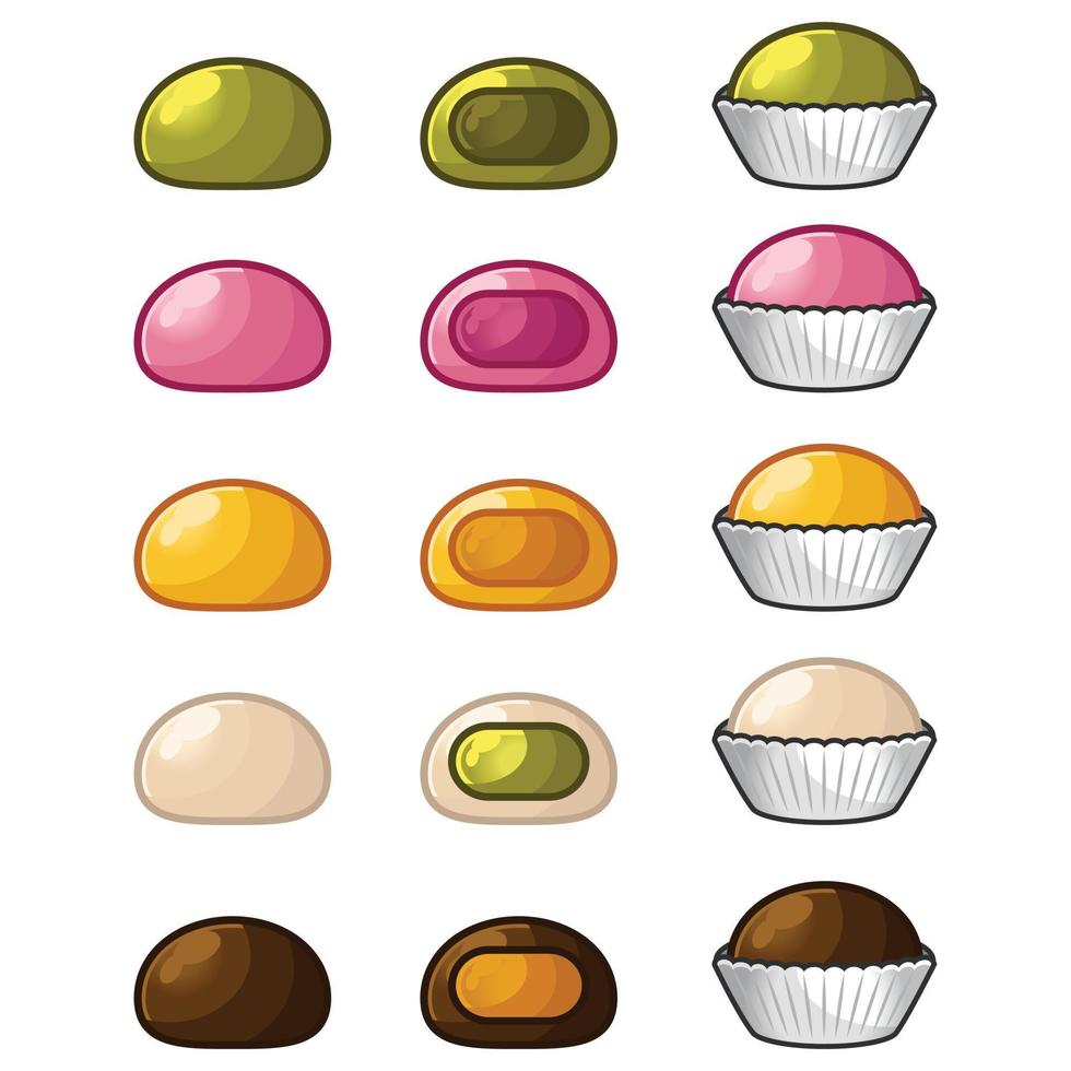 conjunto de diferente gusto mochi daifuku. diferente color de mochi japonés arroz pastel bocadillo. icono conjunto ilustración. plano diseño dibujos animados vector ilustración recopilación. aislado en blanco antecedentes