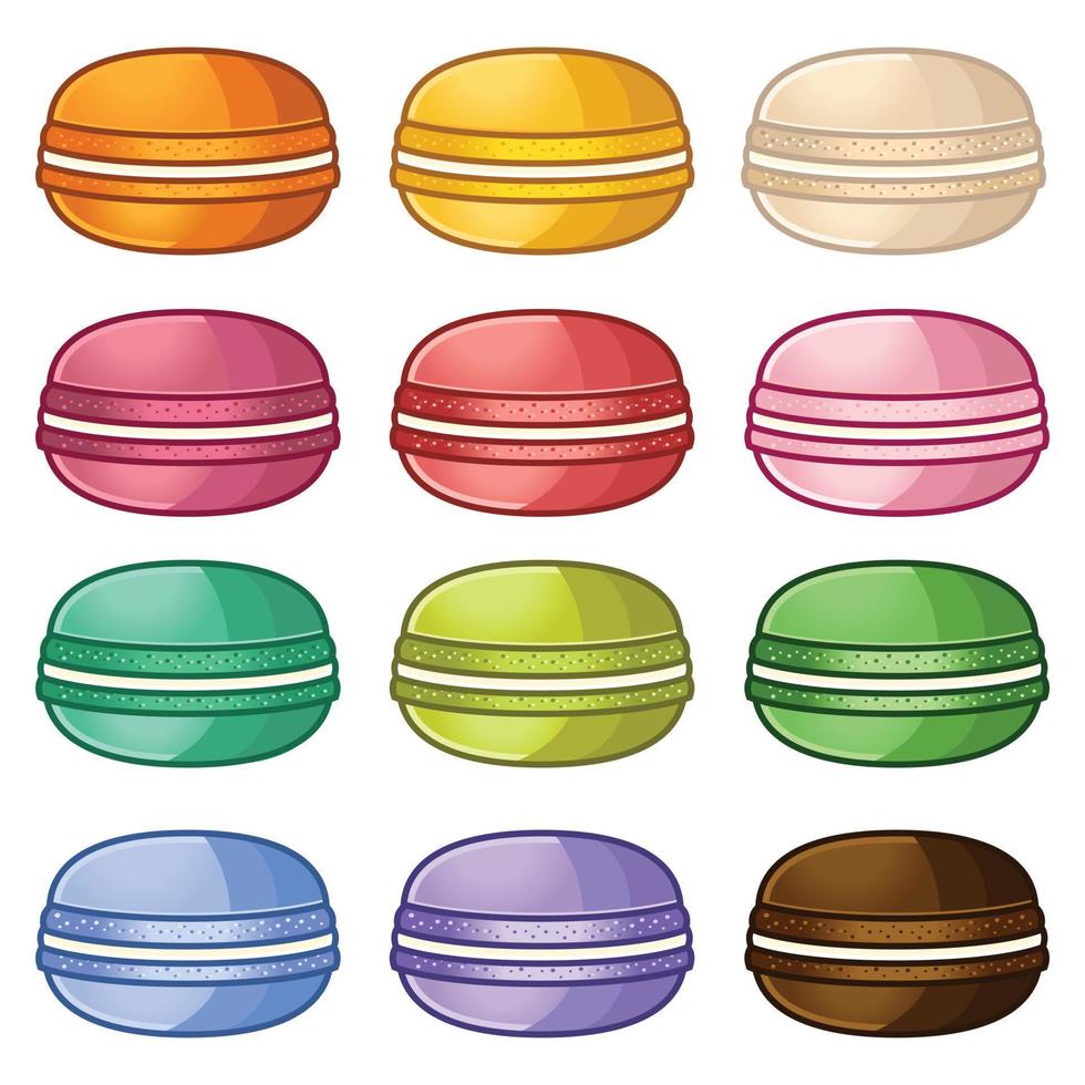 conjunto de macarrones de diferentes sabores. diferentes colores de macarrones. ilustración de conjunto de iconos. ilustración vectorial de dibujos animados de diseño plano vector