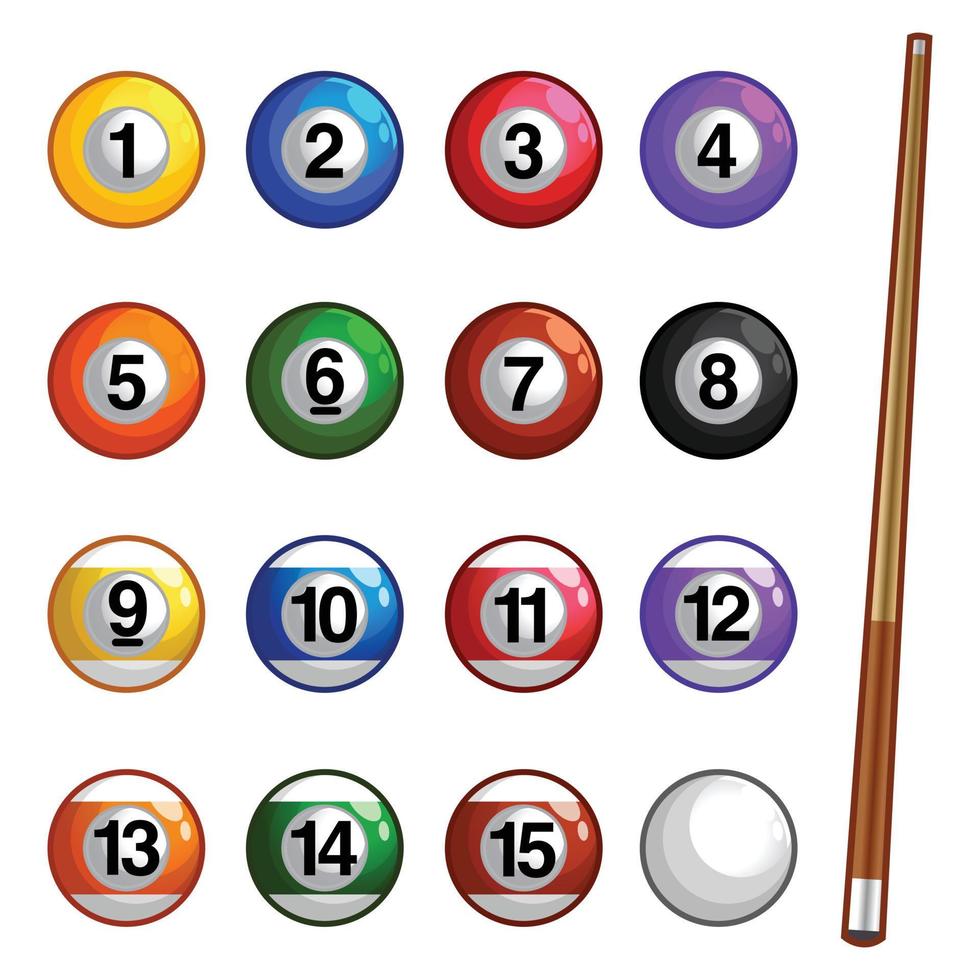 Set of billiard balls, a collection of all the pool or snooker balls with numbers collection isolated on white background, vector cartoon realistic illustration.
