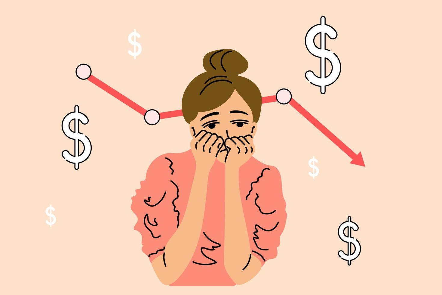 triste niña preocupación acerca de dinero. perdido dinero concepto. yendo abajo Estadísticas. vector ilustración en dibujos animados estilo.