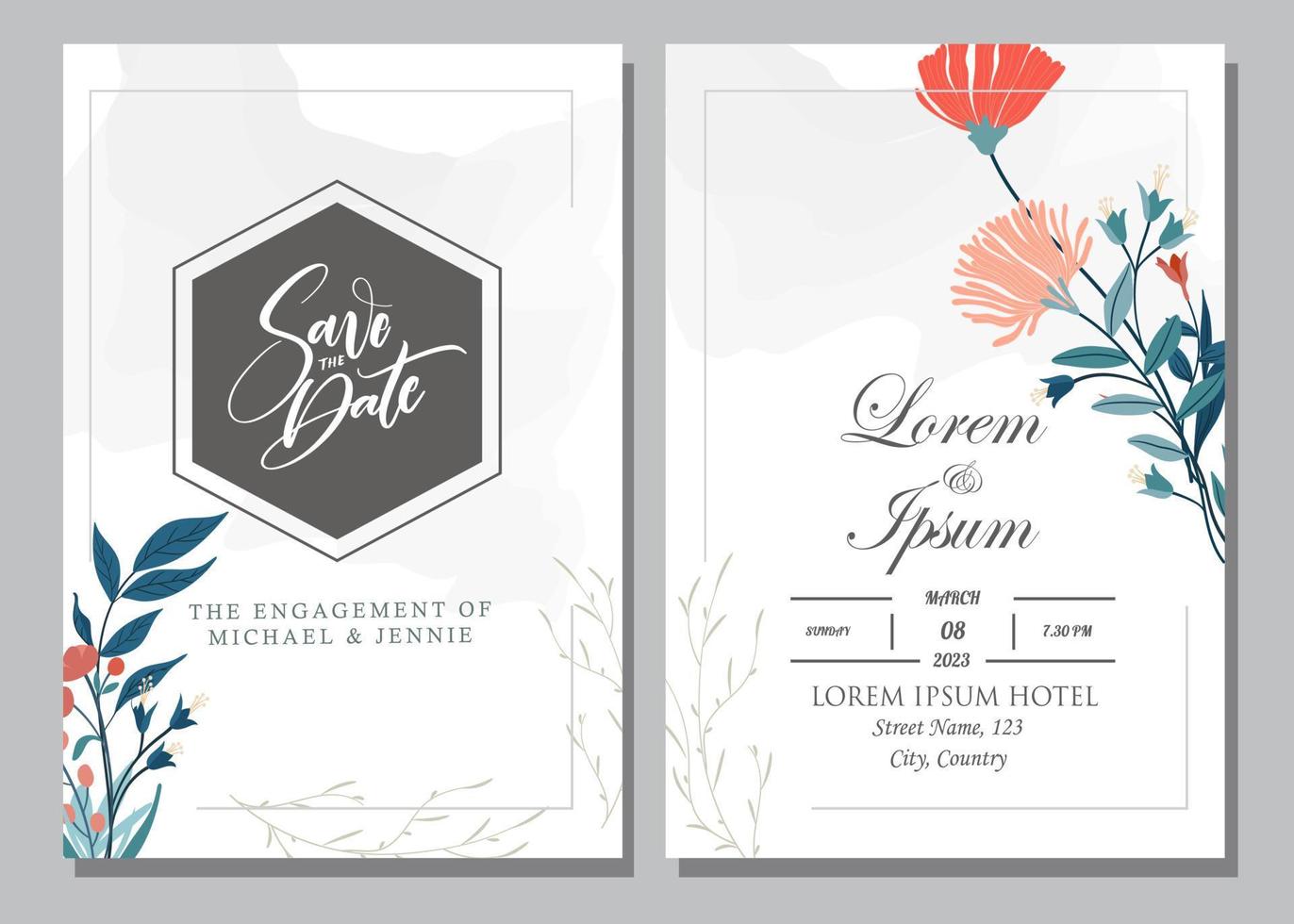 invitación tarjeta con hermosa floreciente floral acuarela antecedentes. elegante Boda tarjeta con hermosa floral vector. hermosa mano dibujo Boda invitación diseño rosado Rosa invitación modelo. vector