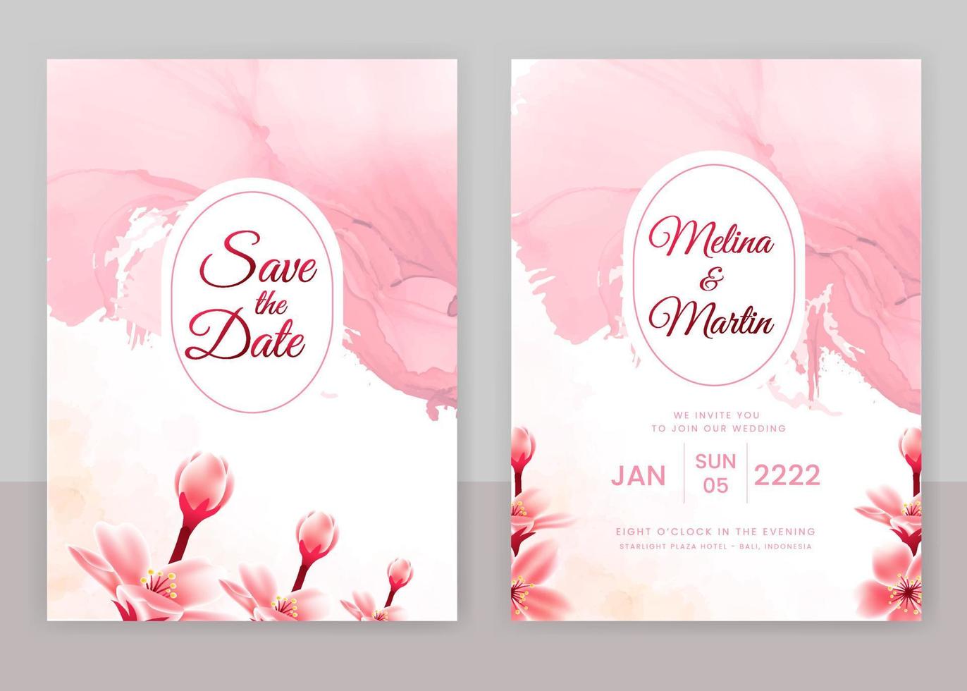 invitación tarjeta con hermosa floreciente floral acuarela antecedentes. elegante Boda tarjeta con hermosa floral vector. hermosa mano dibujo Boda invitación diseño rosado Rosa invitación modelo. vector