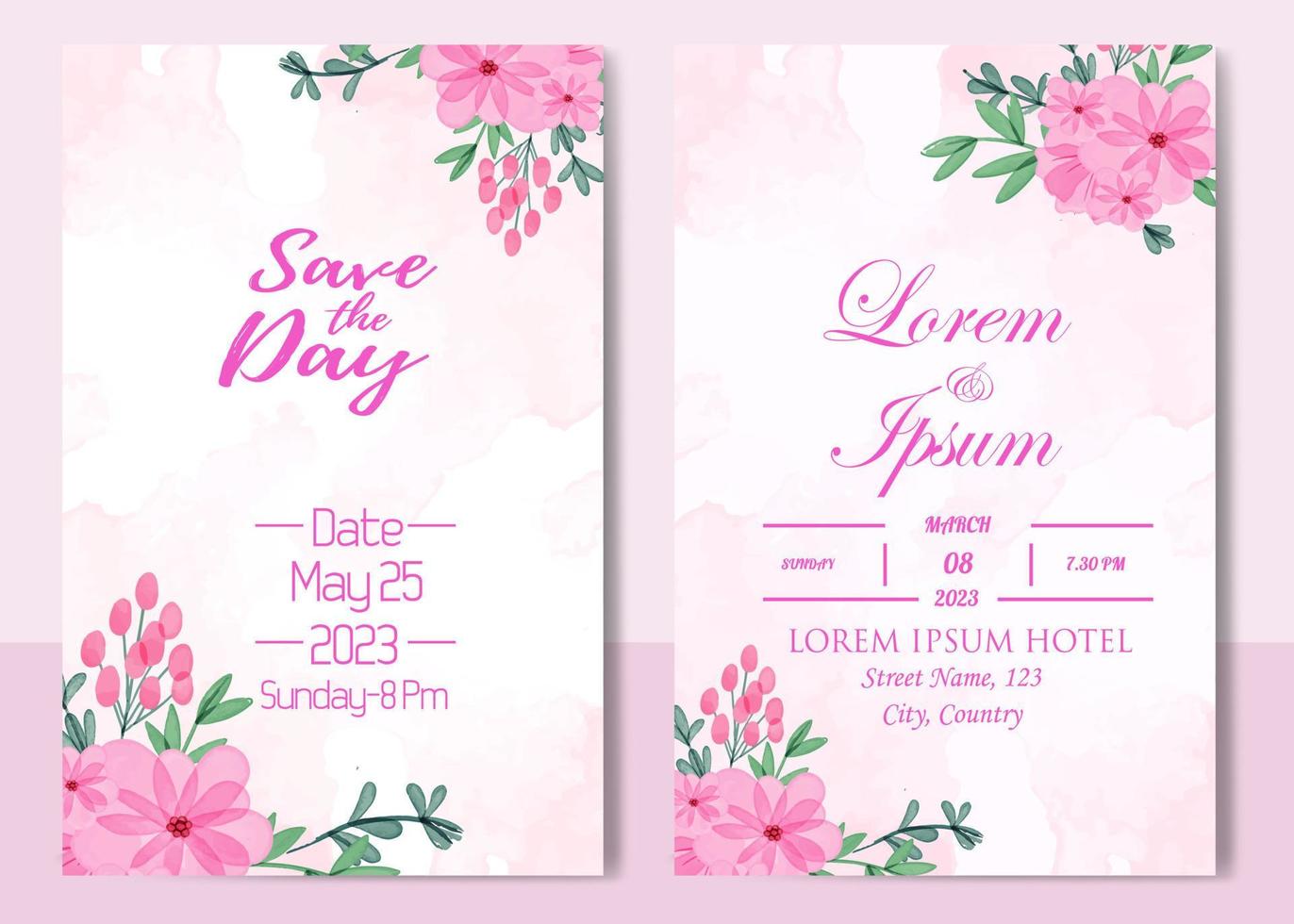 invitación tarjeta con hermosa floreciente floral acuarela antecedentes. elegante Boda tarjeta con hermosa floral vector. hermosa mano dibujo Boda invitación diseño rosado Rosa invitación modelo. vector