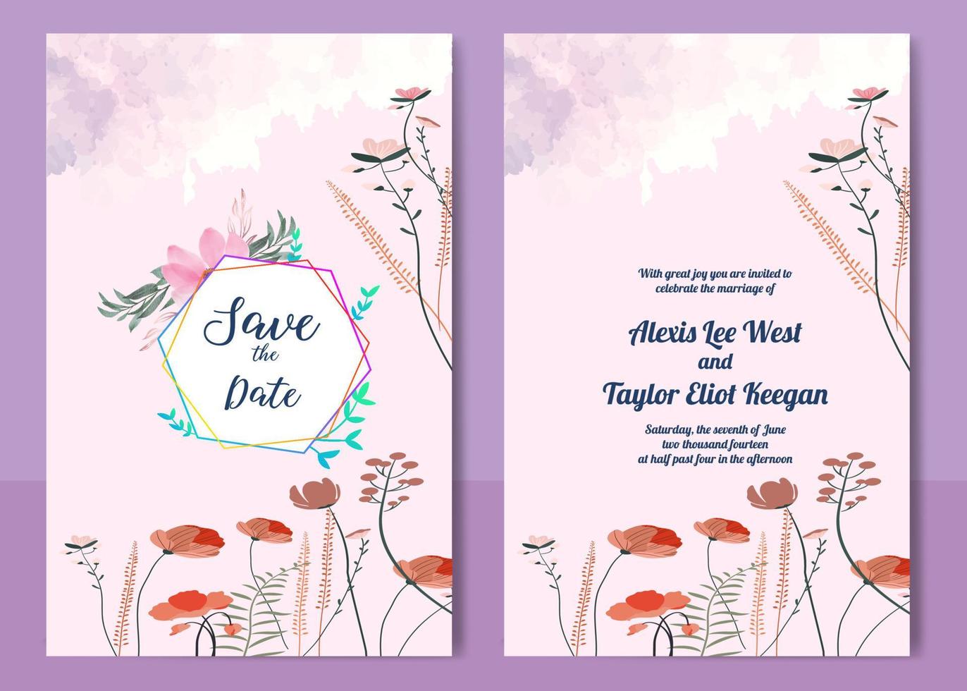Invitation Card with beautiful blooming floral watercolor background. Elegant wedding card with beautiful floral vector. Beautiful hand drawing Wedding invitation design pink rose invitation template. vector