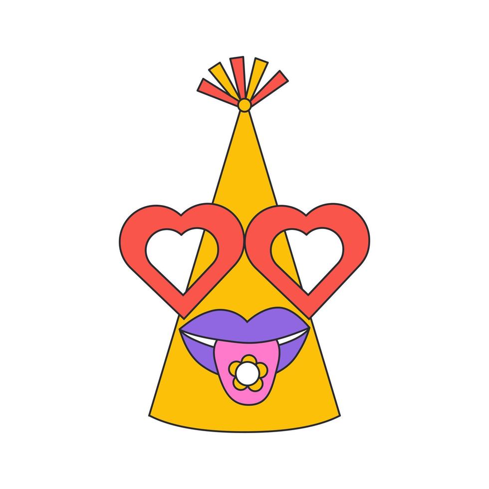 Psychedelic birthday cap with red glasses and a tongue sticking out. Birthday party hat. Vector isolated illustration.