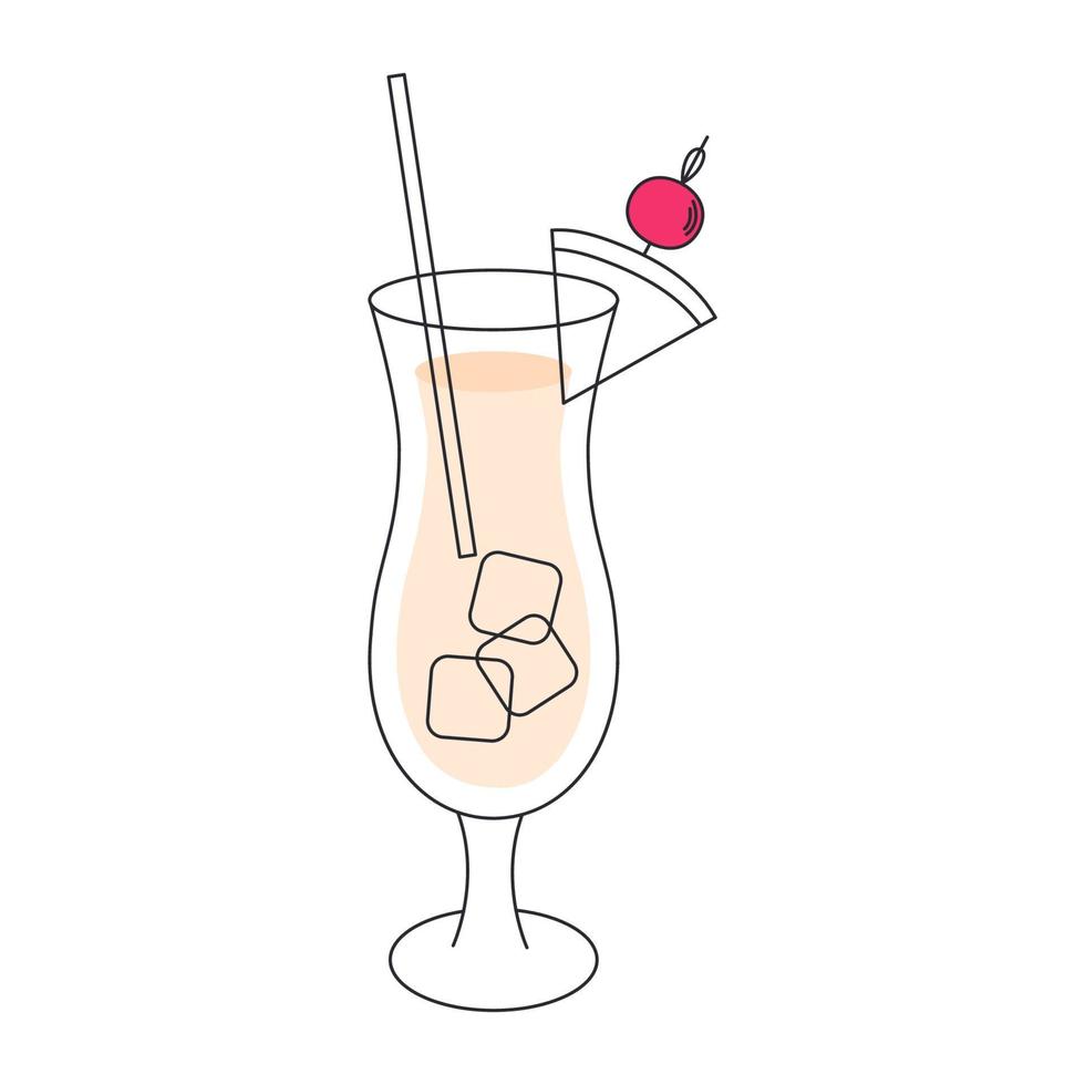 Pinacolada. Pina Colada cocktail in a glass with a straw and a piece of pineapple. Vector flat illustration on a white background