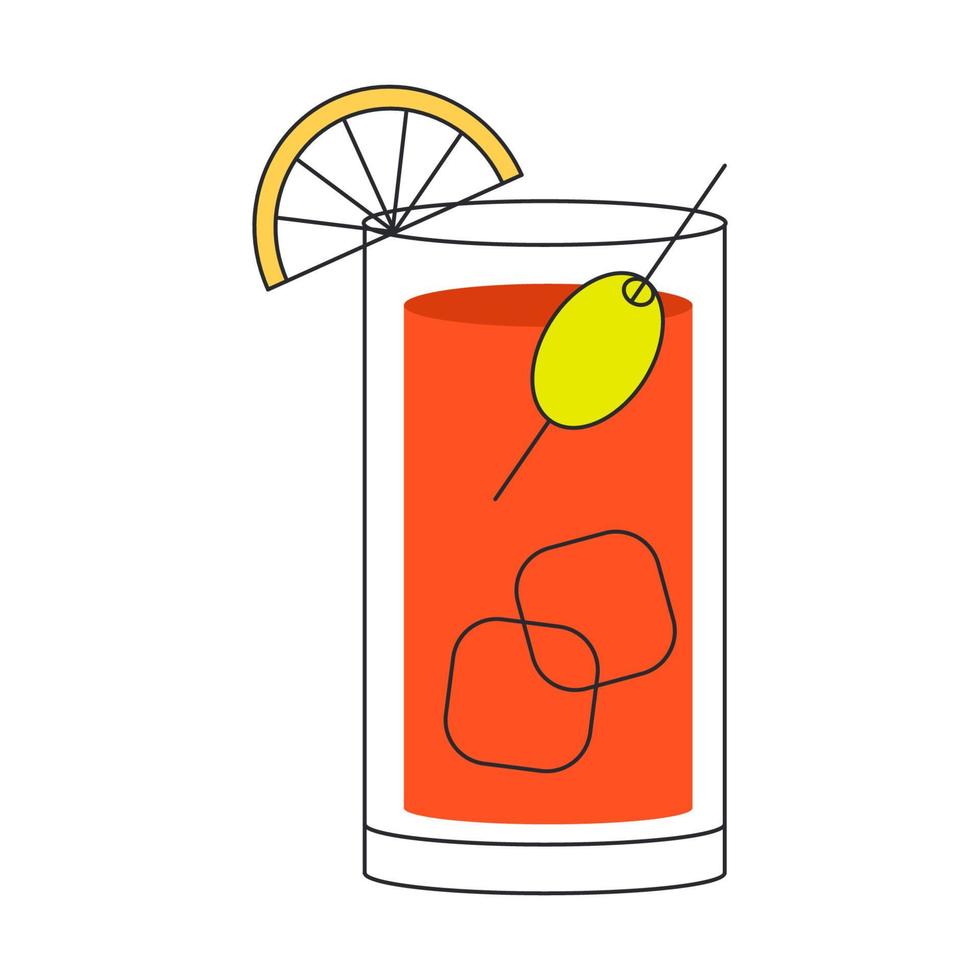 Bloody Merry. Bloody Merry cocktail in a glass, with lemon and olives. Vector illustration on a white background