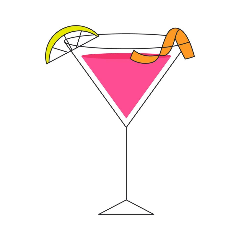 Vector glass of Cosmopolitan cocktail with a slice of lime and orange peel. Isolated illustration of a cocktail on a white background.