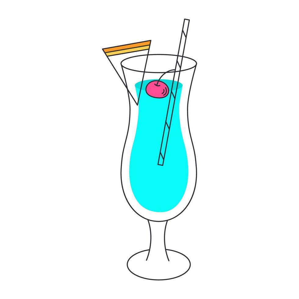 Alcoholic cocktail Blue Hawaii in a glass and a piece of pineapple. Cocktail glass minimal vector illustration of a thin line.