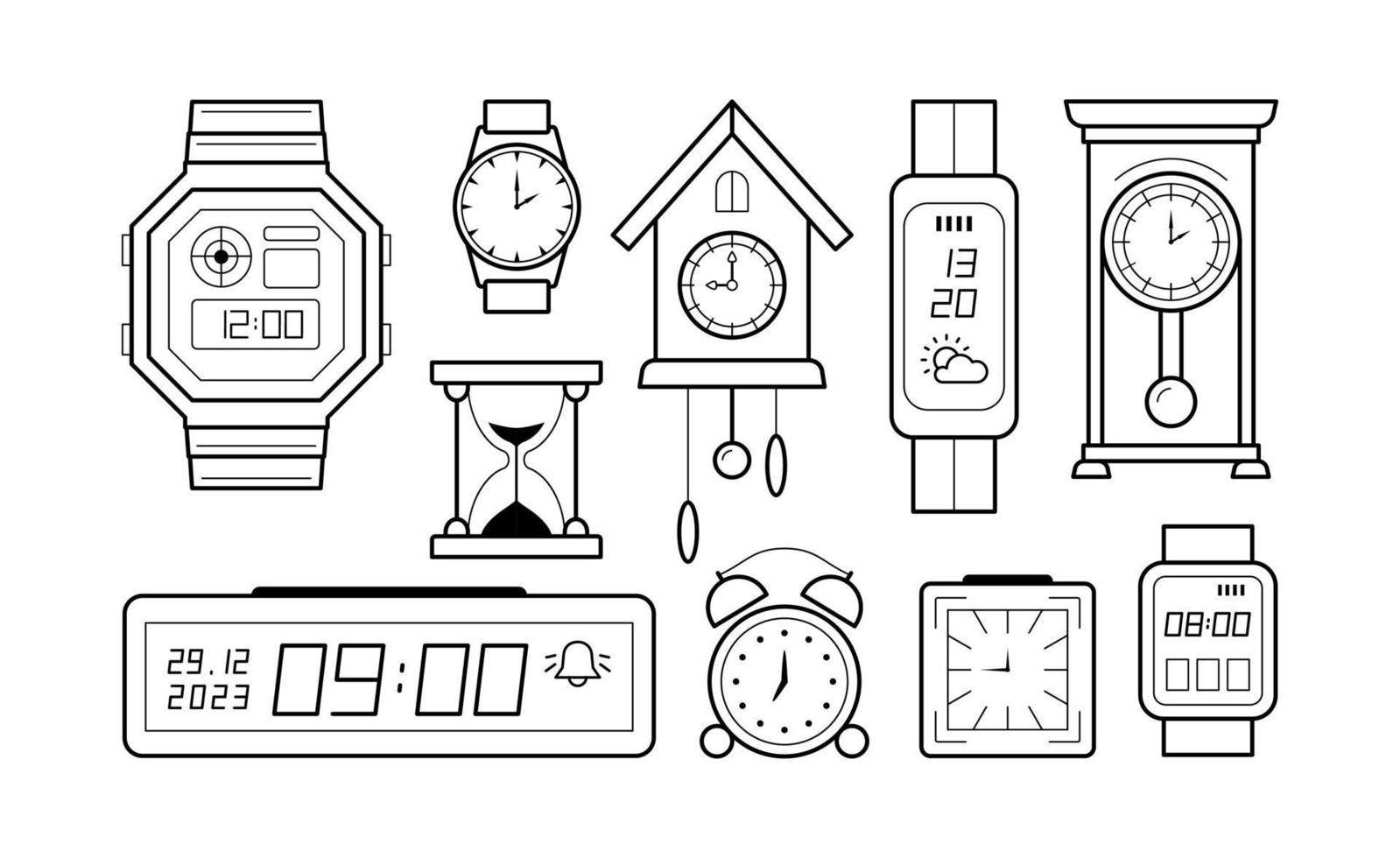 conjunto de reloj iconos vector ilustración en lineal estilo.