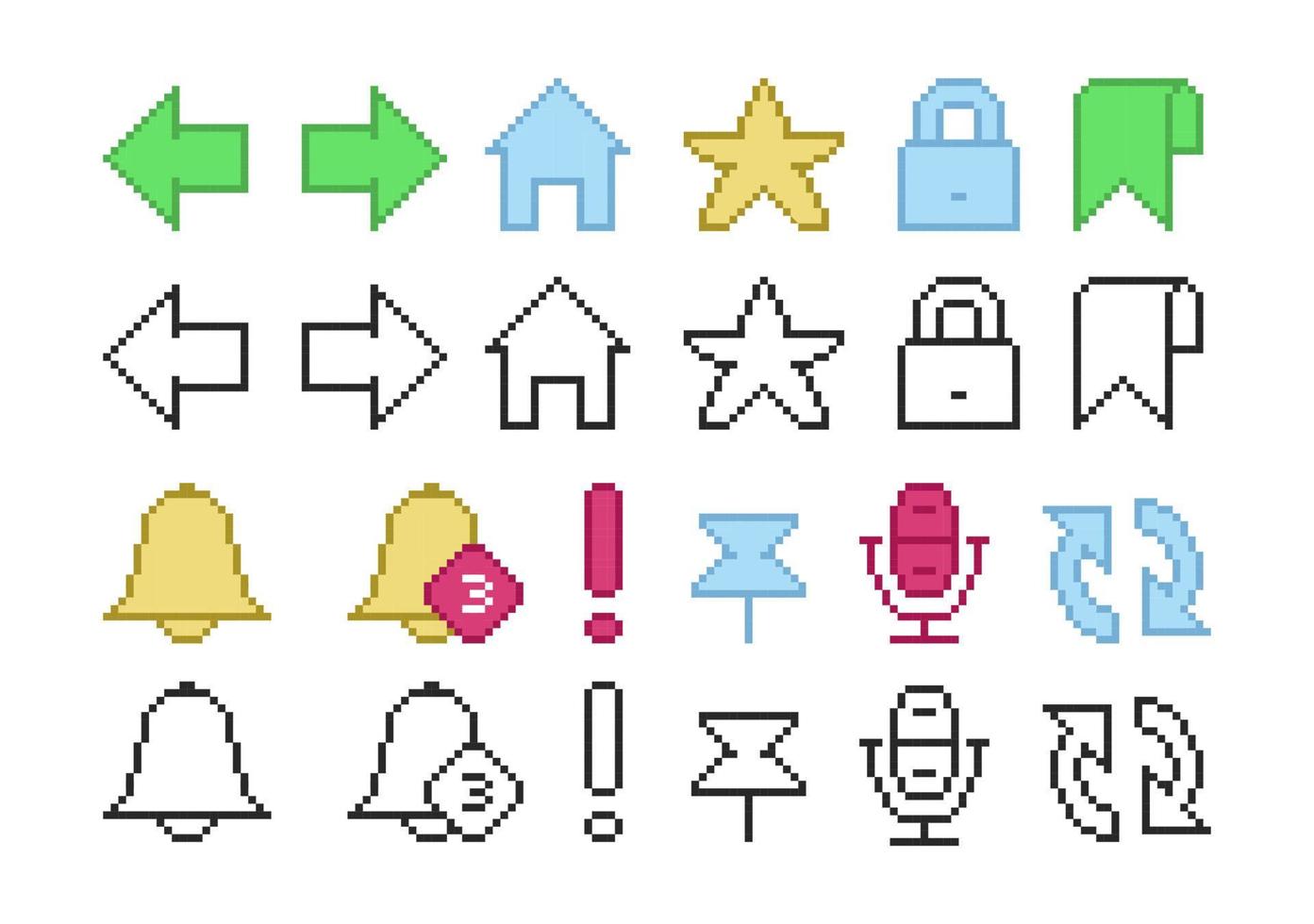 Browser icons in pixel style. A set of retro pixel symbols. vector