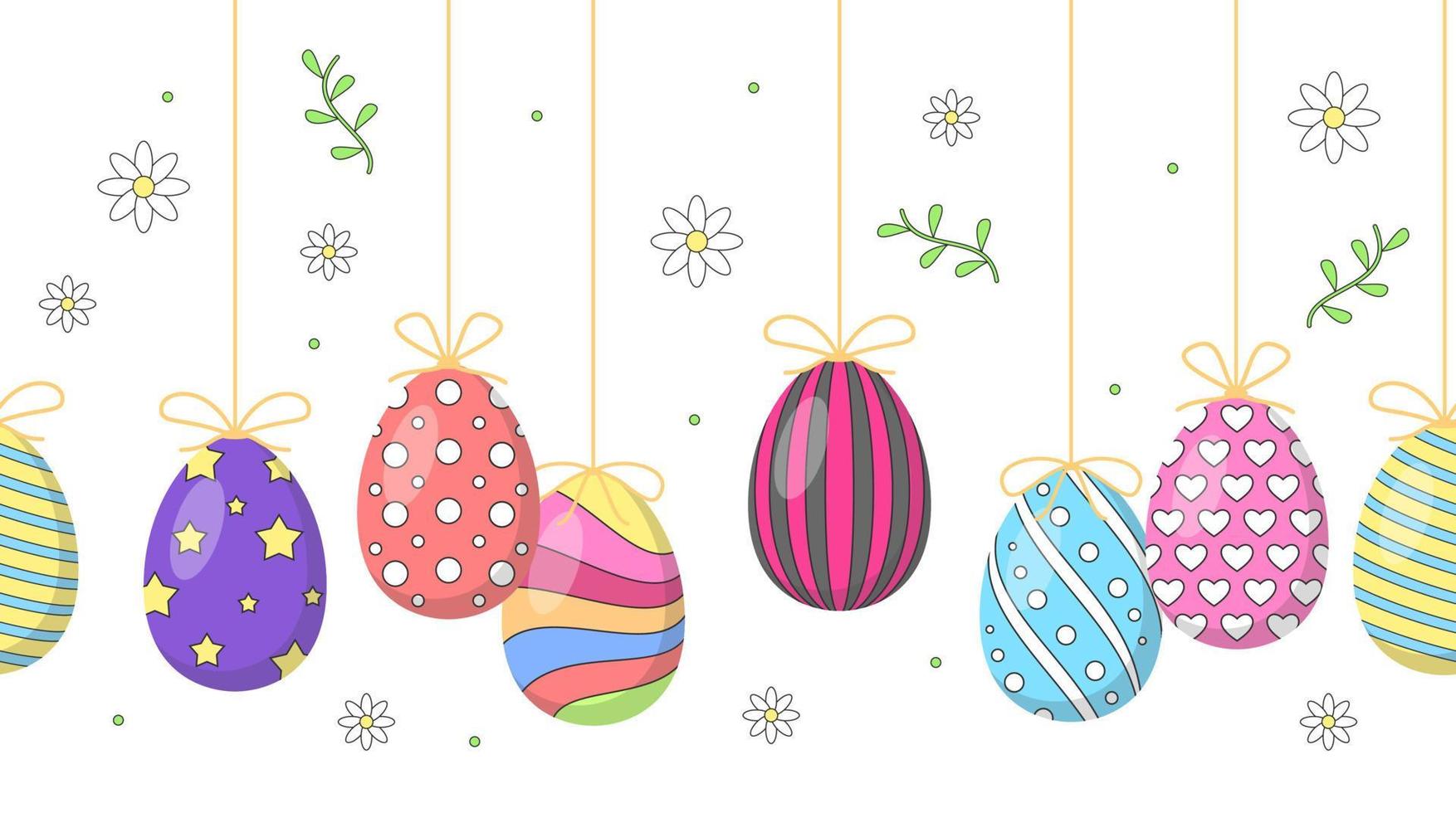 Decorated festive Easter eggs. Vector illustration. Horizontal seamless pattern.