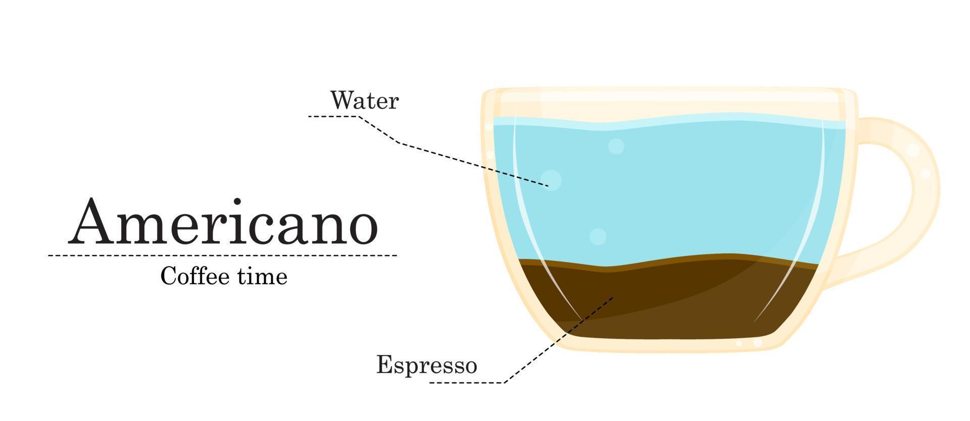 Vector illustration of coffee recipe, americano recipe, coffee shop illustration