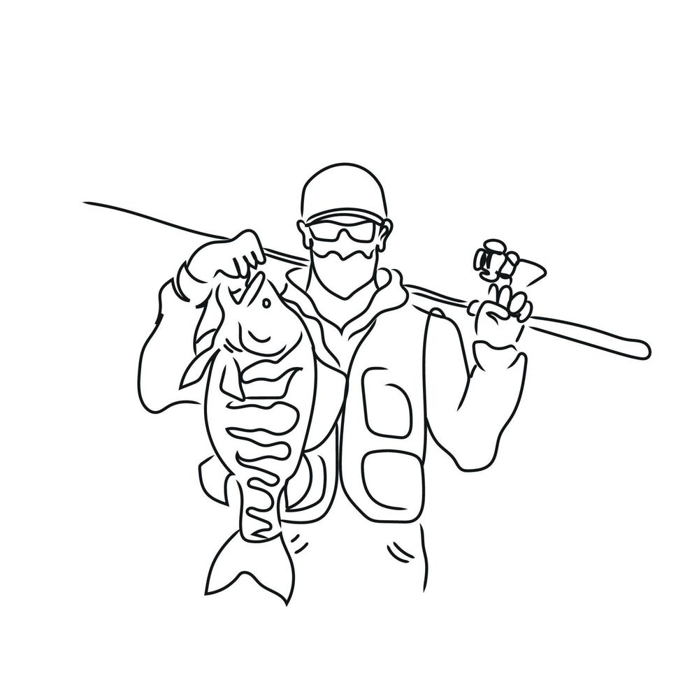 Fishing Line Art, Fish Outline Drawing, Simple Outline Drawing, Vector Illustration, Graphic Design,  Fisher