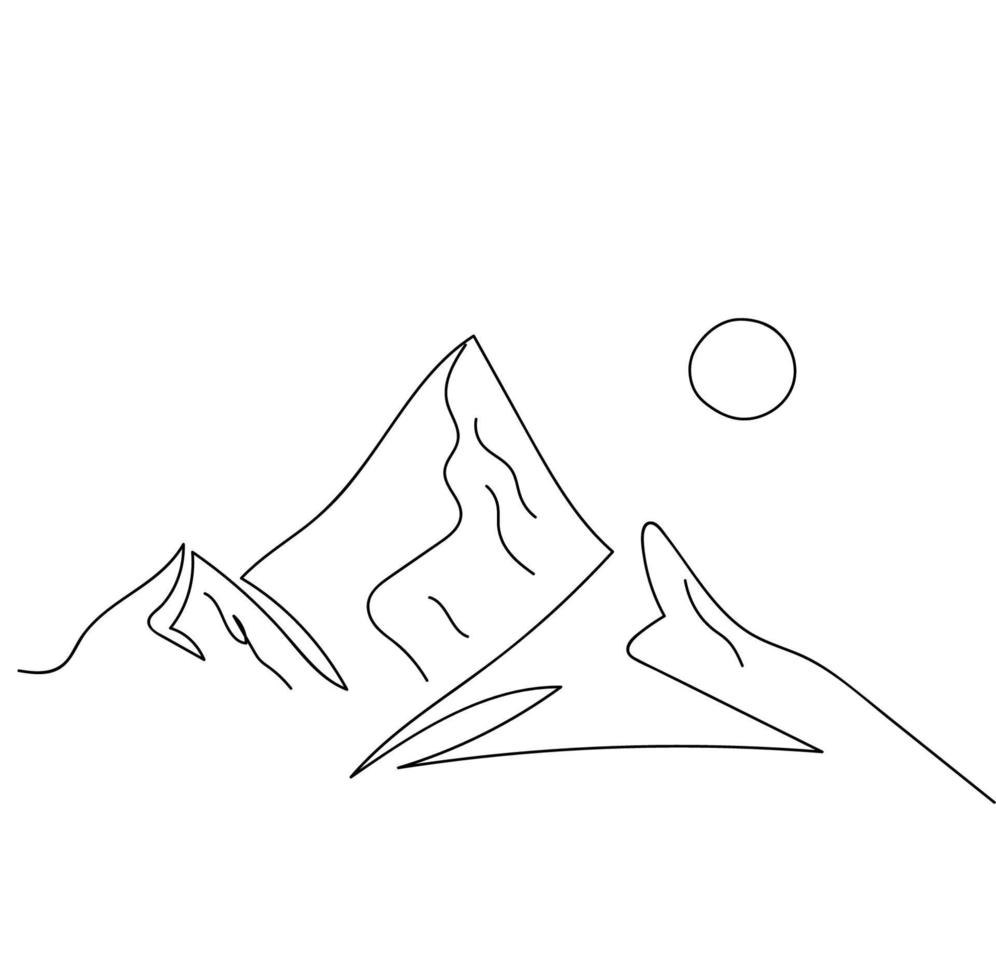 Minimalist Mountain Line Art, Landscape Outline Drawing, Simple Scenery Sketch, Sun Illustration, Nature Artwork, Vector Design, Hand Drawn