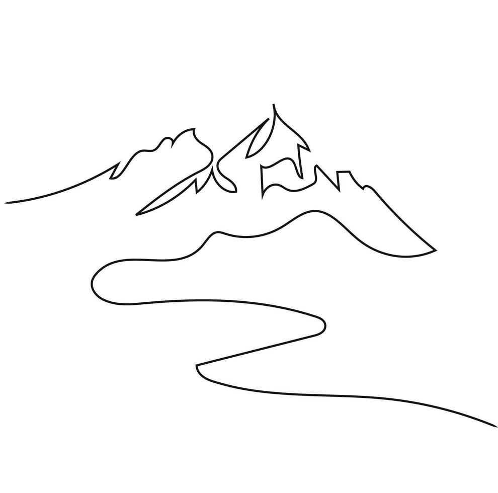 Minimalist Mountain Line Art, Landscape Outline Drawing, Simple Scenery Sketch, Sun Illustration, Nature Artwork, Vector Design, Hand Drawn