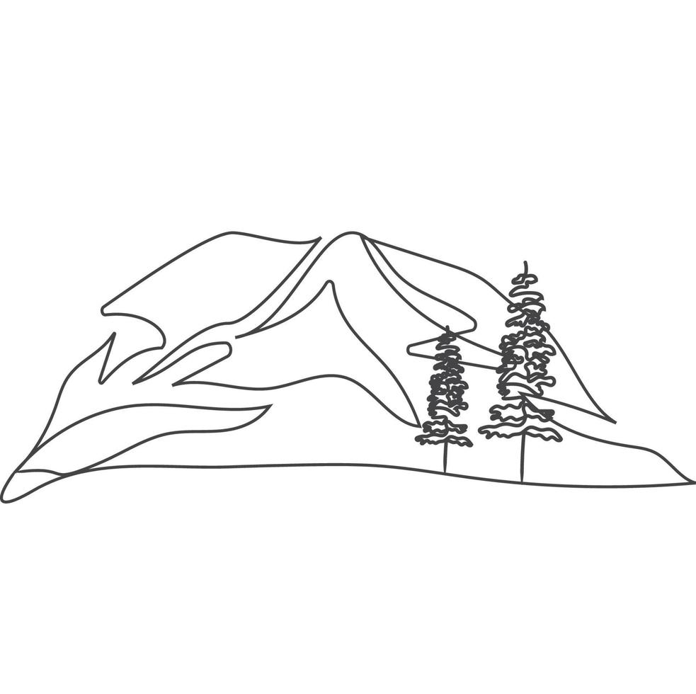 minimalista montaña línea arte, paisaje contorno dibujo, deporte ilustración, vector diseño, naturaleza, pino árbol, bosque