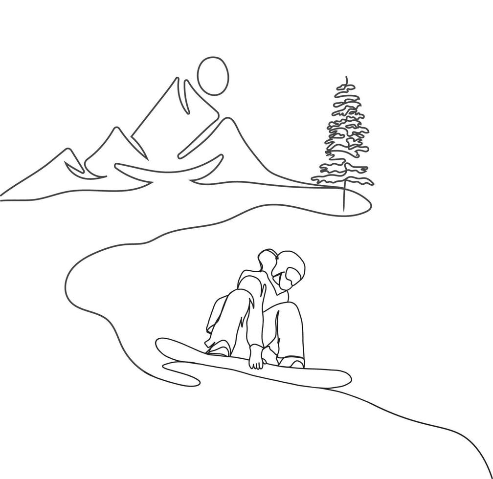 minimalista montaña línea arte, paisaje contorno dibujo, deporte ilustración, vector diseño, naturaleza, pino árbol, bosque sol, tabla de snowboard deporte, snowboarder