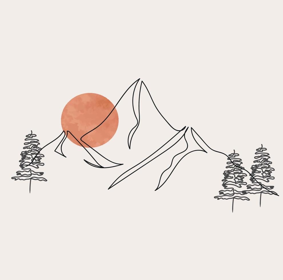 minimalista montaña línea arte, paisaje contorno dibujo, deporte ilustración, vector diseño, naturaleza, pino árbol, bosque, amanecer, atardecer, hermosa vista, bosque