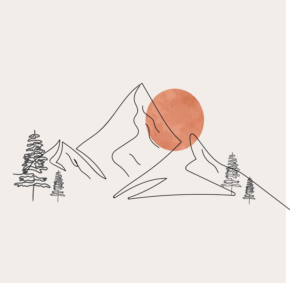 minimalista montaña línea arte, paisaje contorno dibujo, deporte ilustración, vector diseño, naturaleza, pino árbol, bosque, amanecer, atardecer, hermosa vista, bosque
