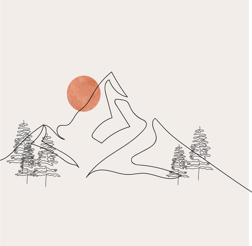 minimalista montaña línea arte, paisaje contorno dibujo, deporte ilustración, vector diseño, naturaleza, pino árbol, bosque, amanecer, atardecer, hermosa vista, bosque