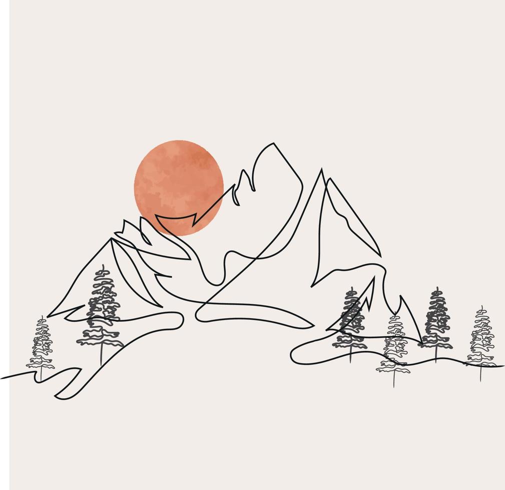 minimalista montaña línea arte, paisaje contorno dibujo, deporte ilustración, vector diseño, naturaleza, pino árbol, bosque, amanecer, atardecer, hermosa vista, bosque