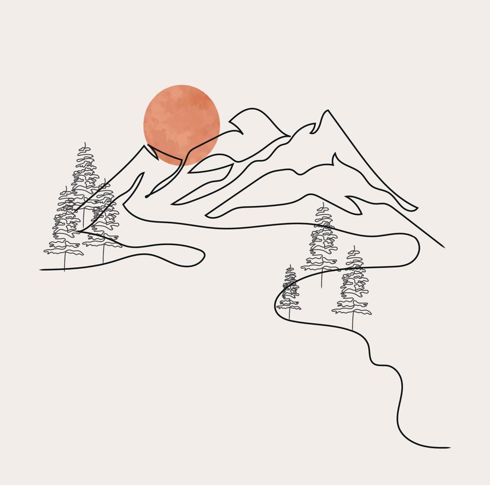 minimalista montaña línea arte, paisaje contorno dibujo, deporte ilustración, vector diseño, naturaleza, pino árbol, bosque, amanecer, atardecer, hermosa vista, bosque