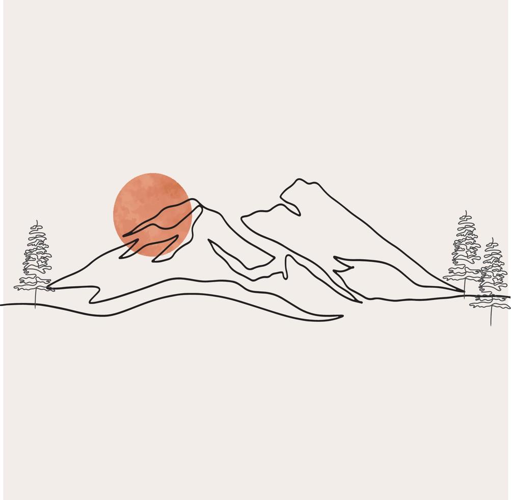 minimalista montaña línea arte, paisaje contorno dibujo, deporte ilustración, vector diseño, naturaleza, pino árbol, bosque