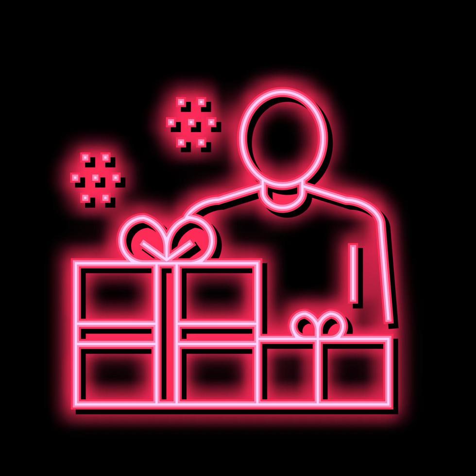 human with presents neon glow icon illustration vector