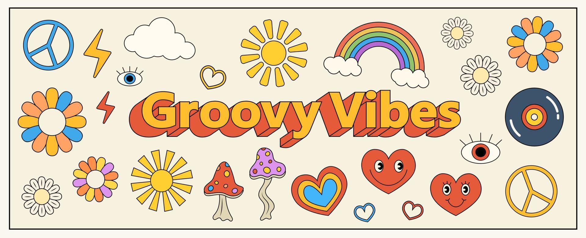 Group of groovy elements in 1970s style, groovy vibes phrase with set of decorative objects, flowers, daisy, sun, peace symbols, hearts, mushroom, vinyl disc and rainbow. vector