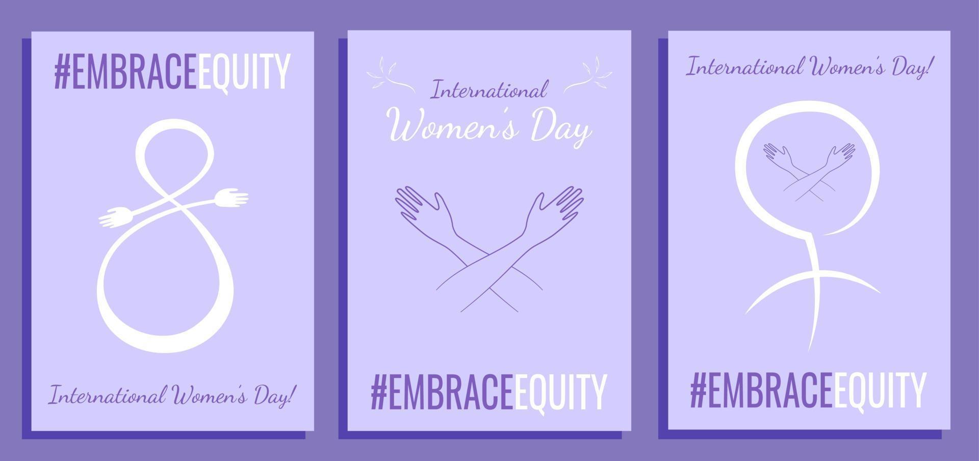 International Women's Day concept posters with feminine symbols. Embrace equity movement illustration backgrounds. 2023 women's day theme - EmbraceEquity. vector