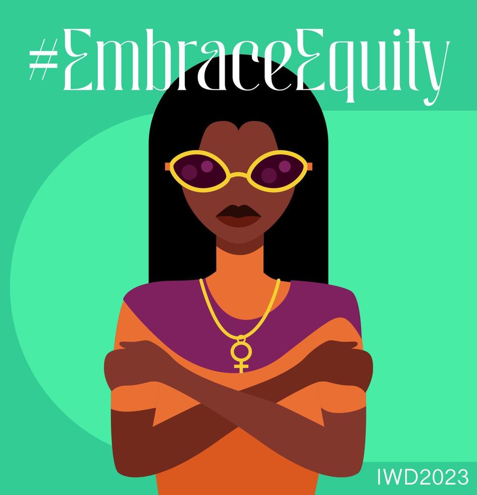 International Women's Day banner with a woman character hugging herself. Embrace equity movement illustration elements. 2023 women's day theme - EmbraceEquity. vector