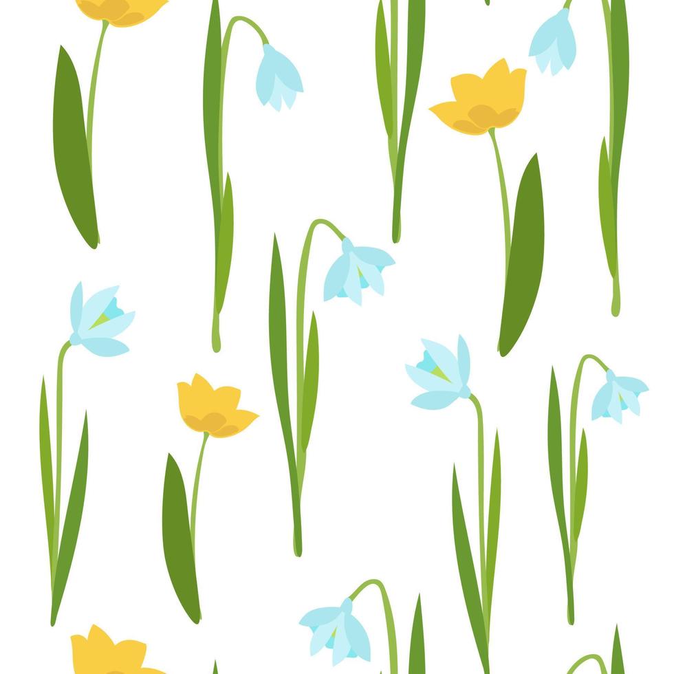 Spring blue flowers, yellow tulips and snowdrops. seamless pattern vector