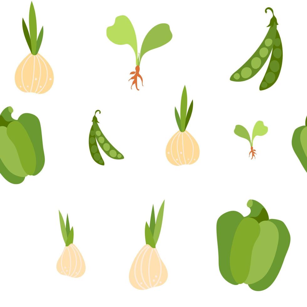 Vegetables seamless pattern with vegetables and bulbs. Onions, peas and peppers vector