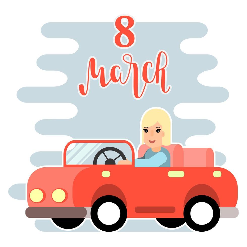 Cute retro car delivering bouquet of tulips. 8 march, birthday or wedding concept. Love, Romantic vector illustration in flat cartoon style. For card, banner, invitation