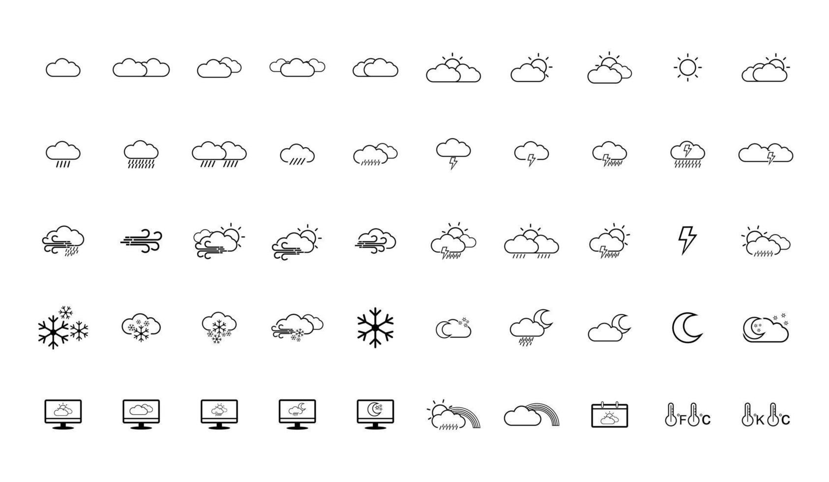 Set of 50 weather web icons in line style. Weather , clouds, sunny day, moon, snowflakes, wind, sun day. Vector illustration.