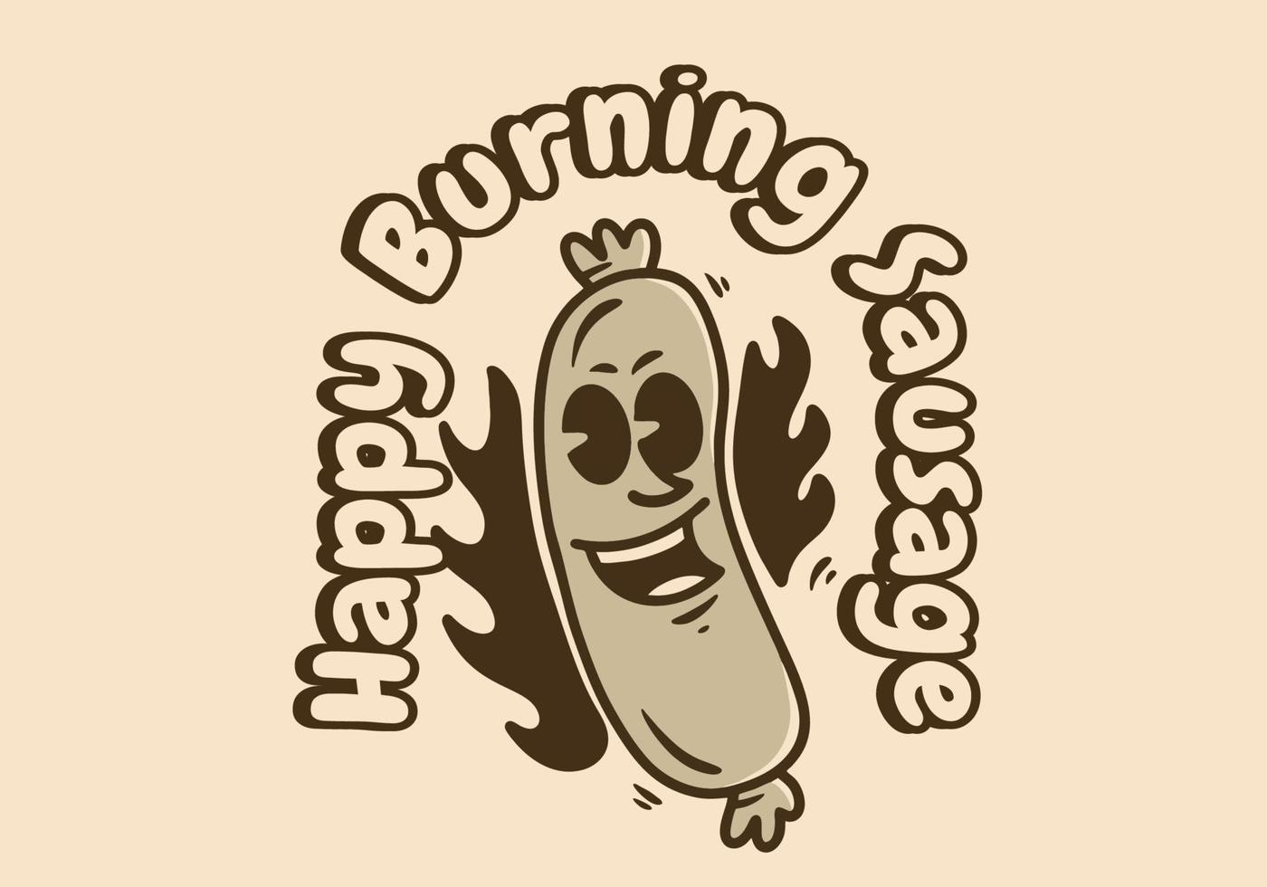 Sausage character illustration with smiling face and fire flame vector