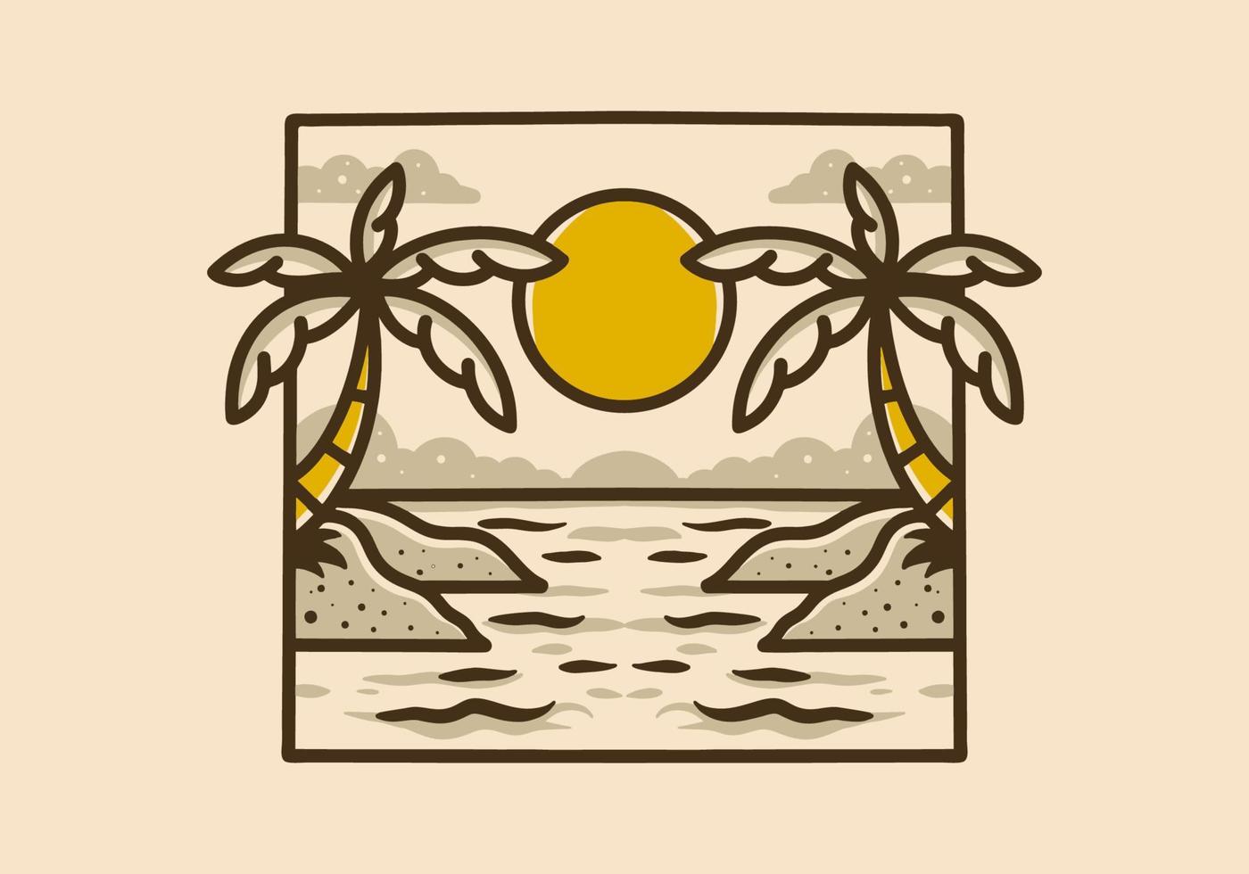 Illustration drawing of a beach view on square frame vector