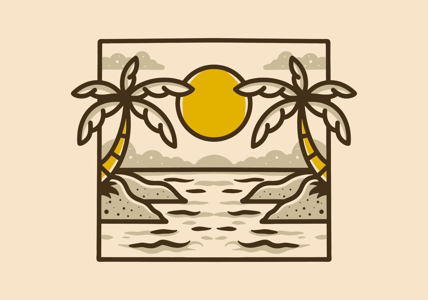 Illustration drawing of a beach view on square frame vector