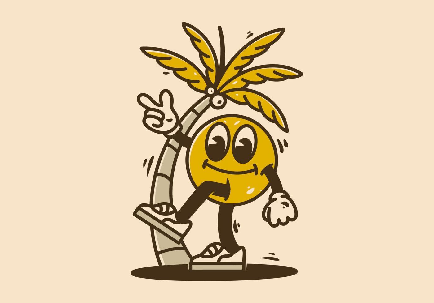 Yellow ball character walking under coconut tree illustration vector