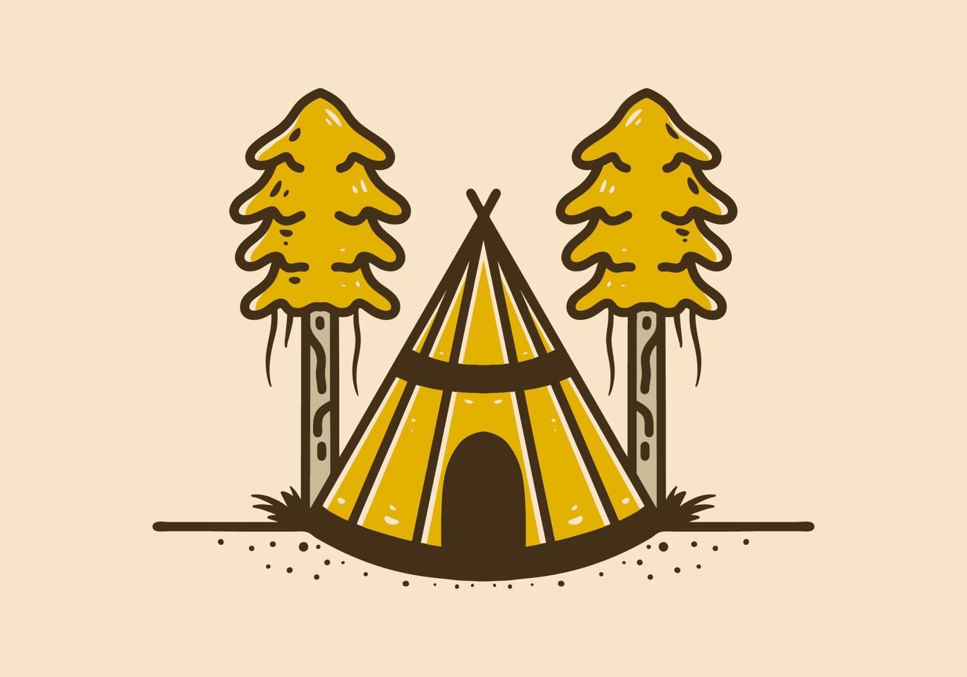 Line art design of a cone tent with two pine trees vector
