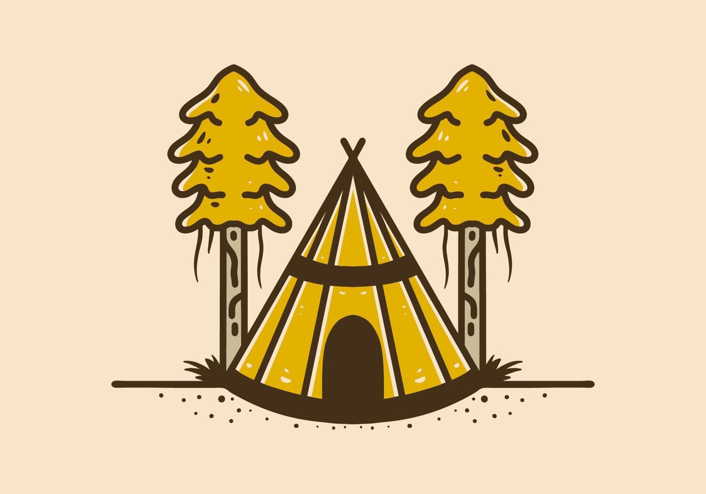 Line art design of a cone tent with two pine trees vector