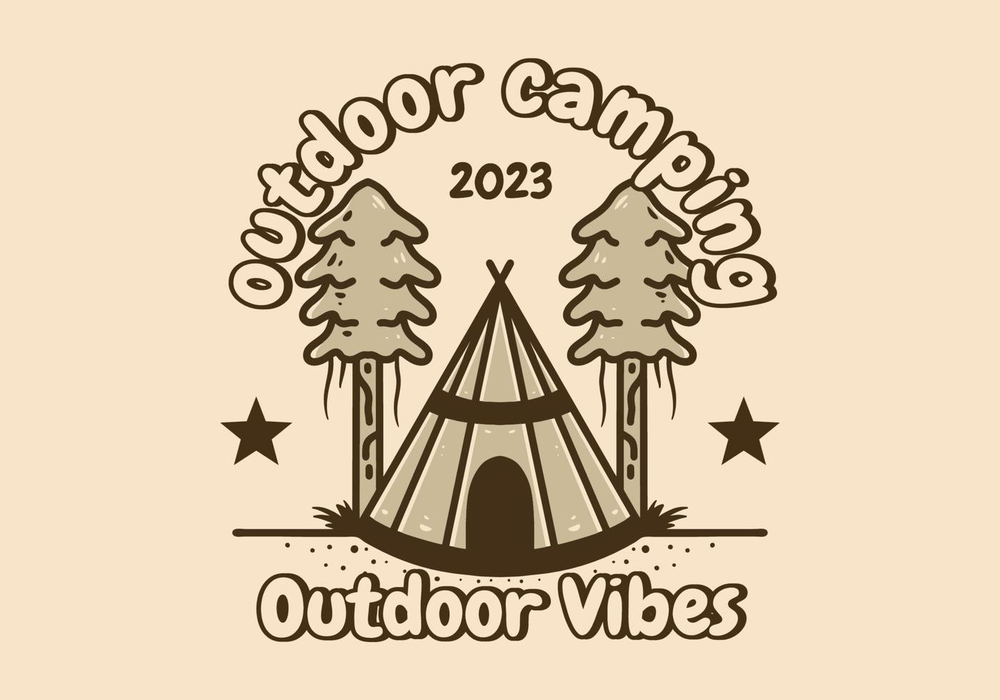 Line art design of a cone tent with two pine trees vector
