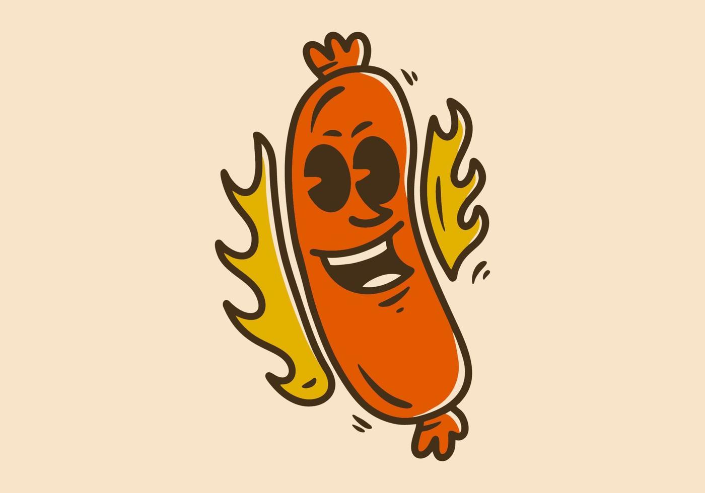 Sausage character illustration with smiling face and fire flame vector