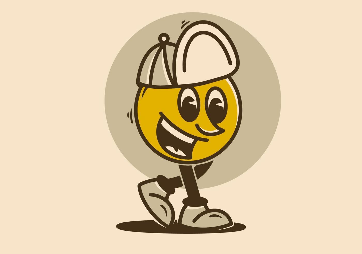 caminando amarillo pelota personaje con sonriente cara vistiendo un gorra vector