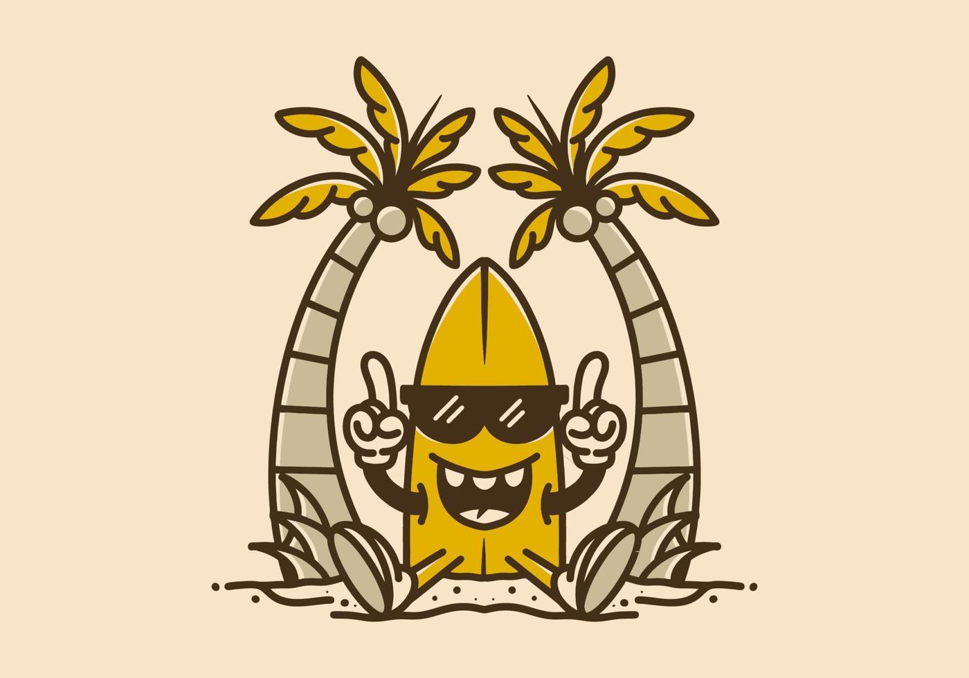 Surfing board character under the coconut tree vector