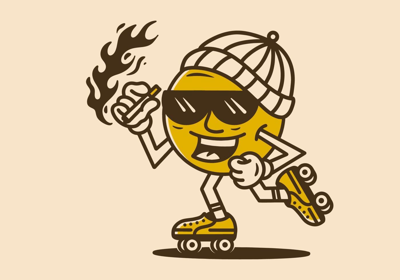 ball character holding cigarette on roller skates vector