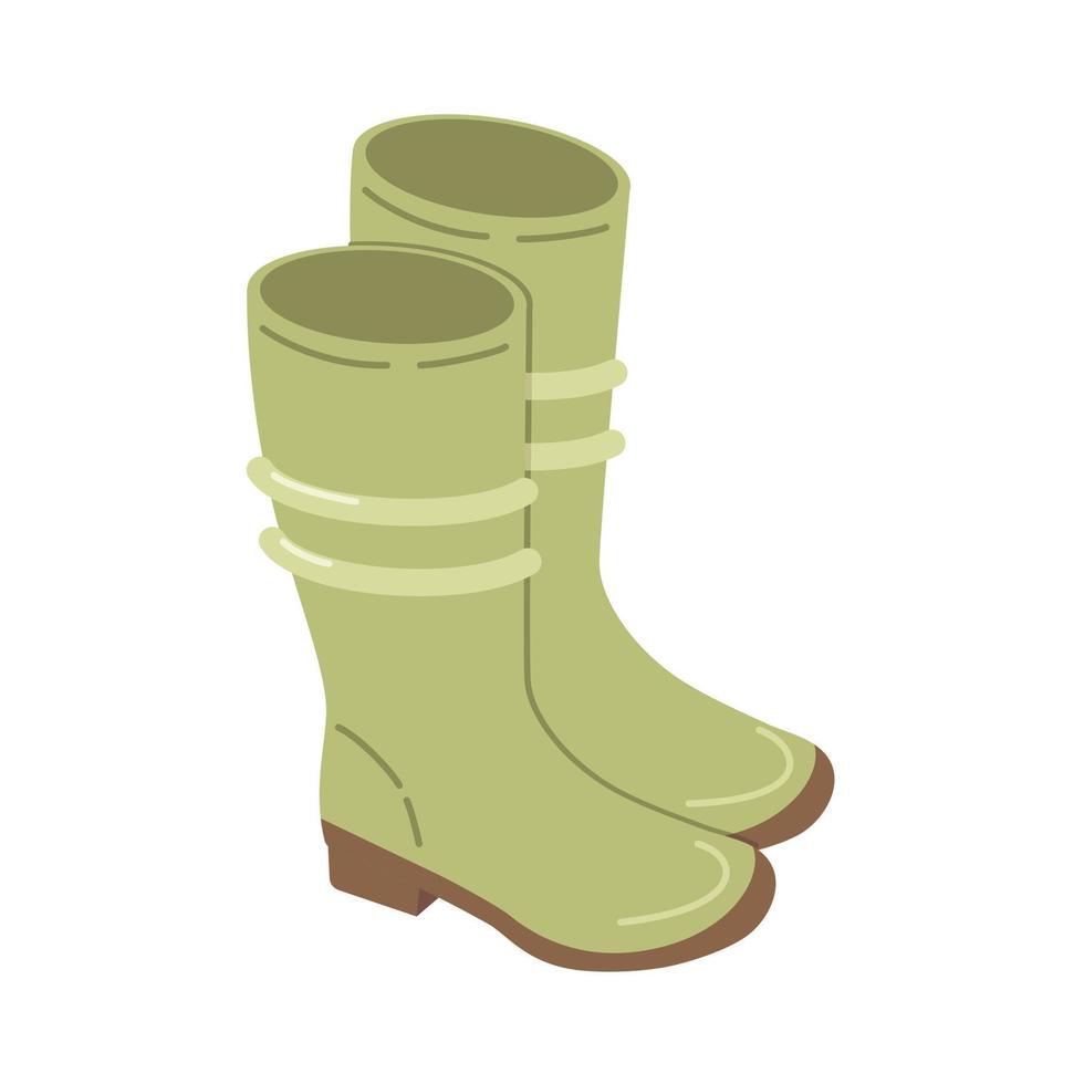 Rubber boots white background. Hand-drawn rubber shoes of green color. Waterproof shoe for rainy weather, gardening, fishing. Season clothes concept. Spring, Autumn symbol. Cartoon vector illustration