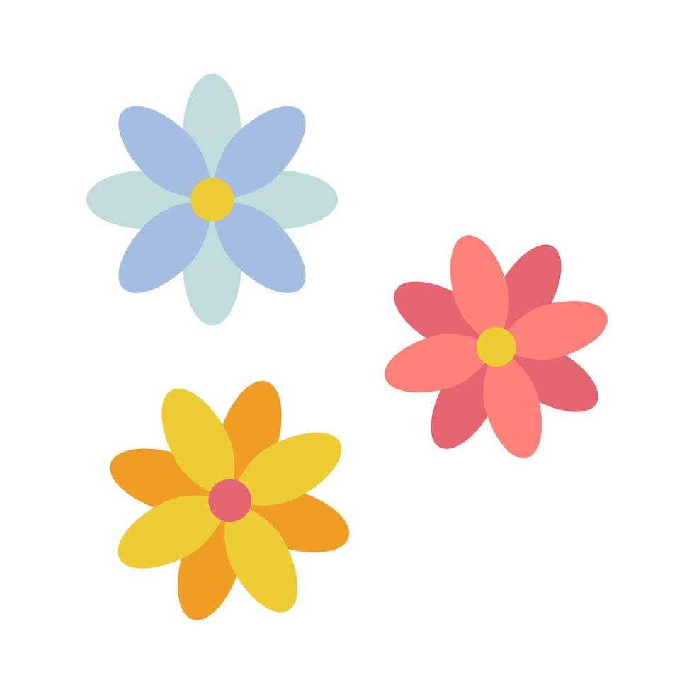 Simple colored flowers in cartoon style on white background. Three